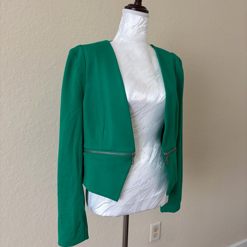 Kelly Green Ponte Zip Accent Open Front‎ Blazer Size 6